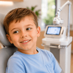 Young boy in a dental chair smilinig