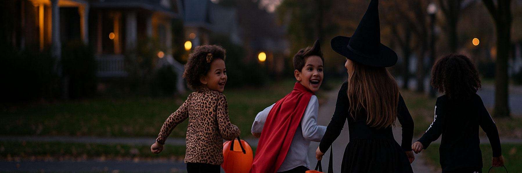 Children trick or treating at dusk on the sidewalk