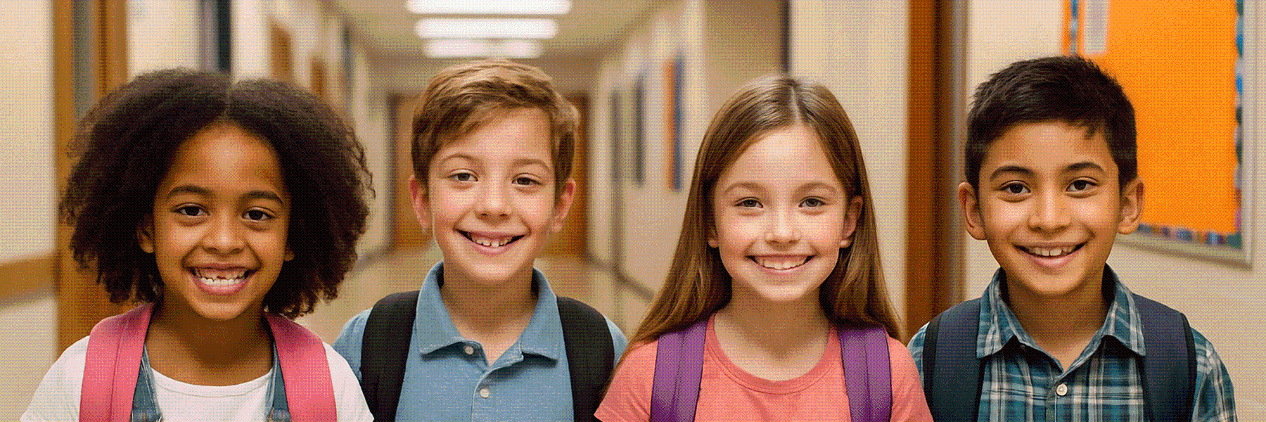 Group of diverse elementary school children smiling and walking down a school hallway with backpacks
