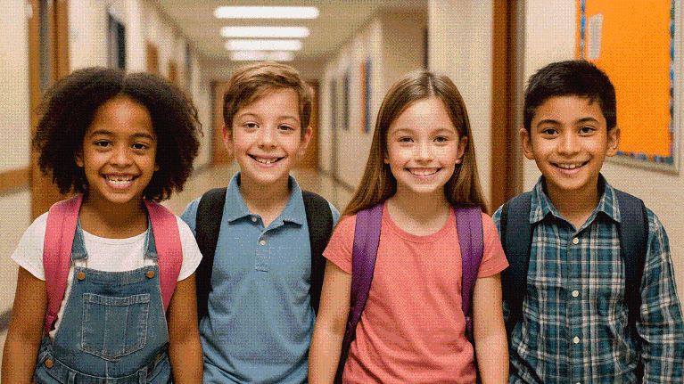 Group of diverse elementary school children smiling and walking down a school hallway with backpacks