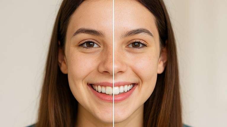 Before and after comparison of original teeth and whitened t